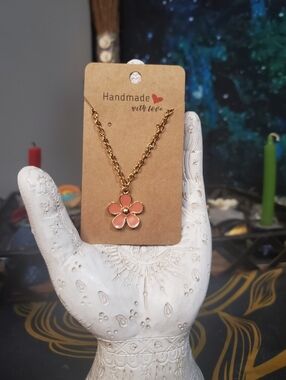 Handmade Pink Flower Gold Tone Necklace - Short Chain Length Suitable For Kids